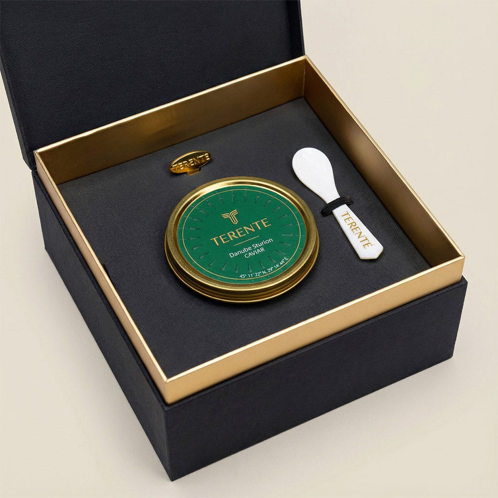 High -End Flip Top Rigid Box / Interlocking Nest + Jar Label - For Caviar Jar