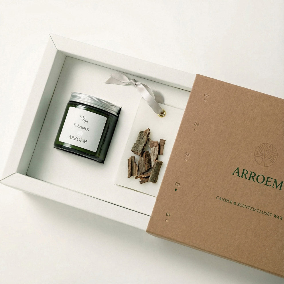 Sleeve and Tray Box + Interlocking Cutout Nest + Self Adhesive Label (for Bottle) - For Exclusive Scented Candle